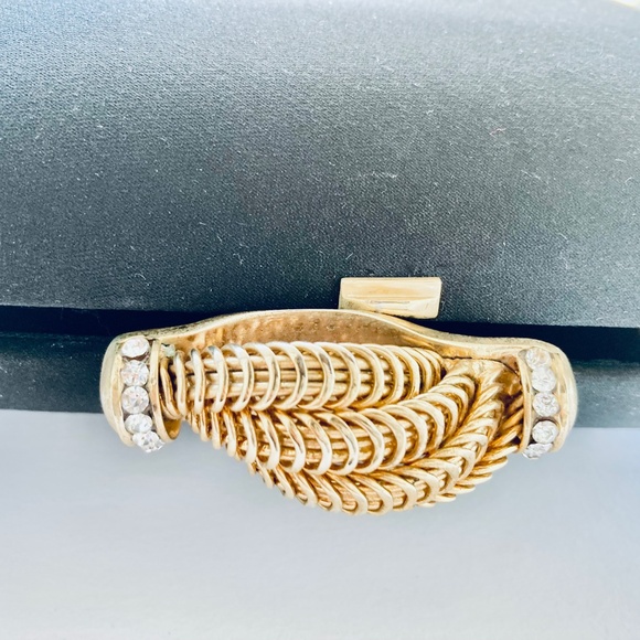 Rodo Black Satin Clutch Evening Bag With Gold Swarovski Crystals Closure, Metal - Picture 5 of 11